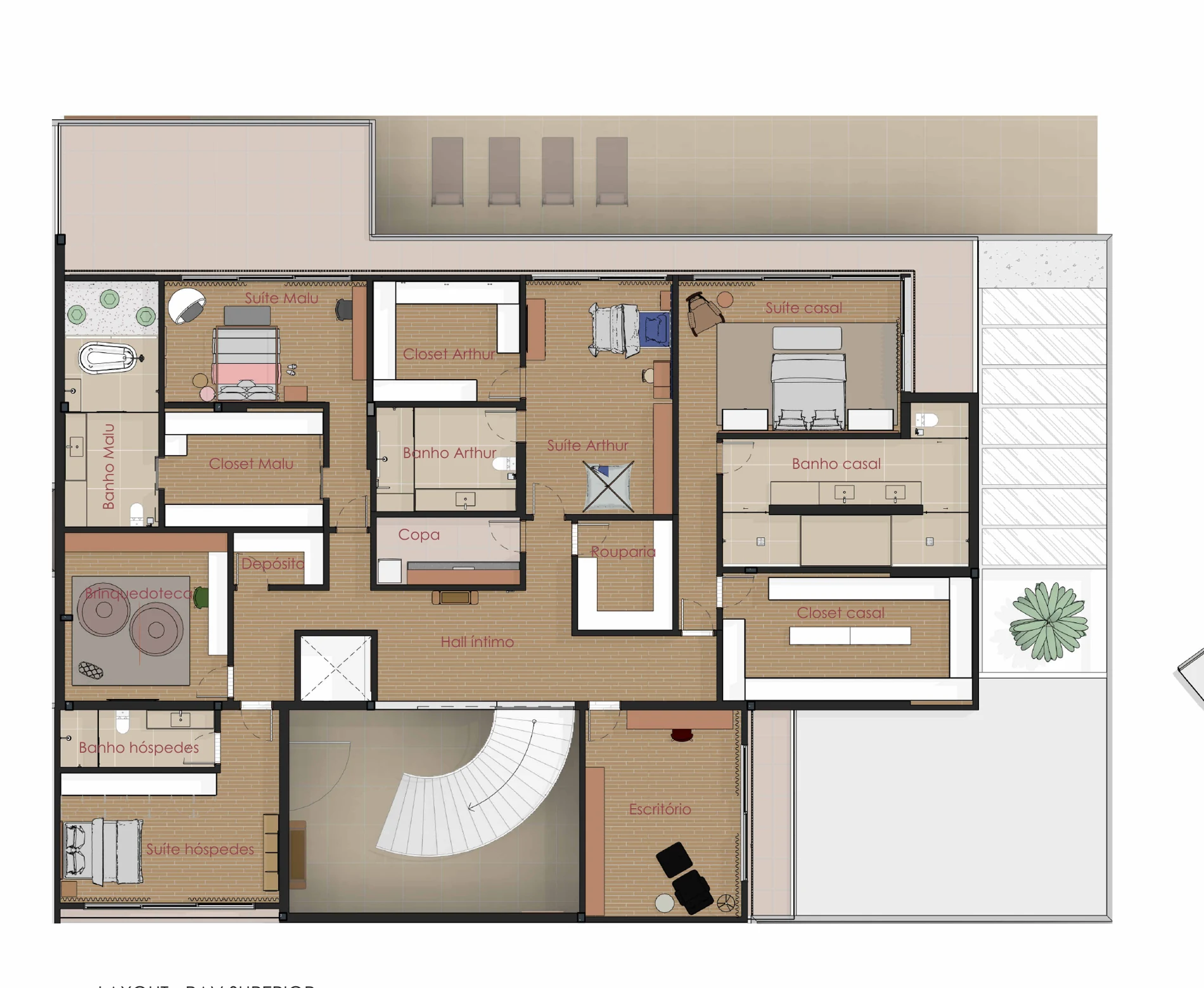 Planta de layout do pavimento superior, escala 1:100